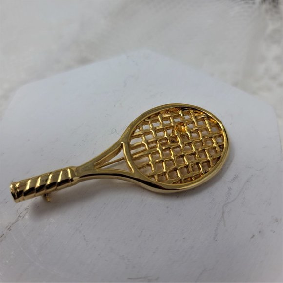 Tennis Racquet Pin Brooch Gold Sports Pin - Picture 2 of 7